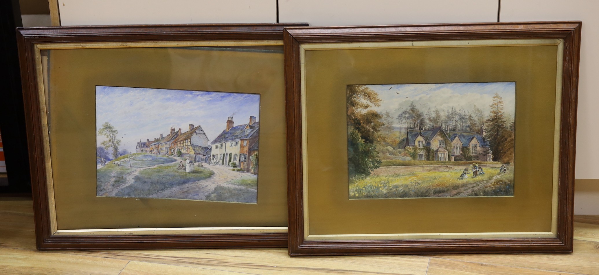 Herbert Edward Cox (1870-1941), pair of watercolours, Children picking flowers before a country house and village street scene, signed and dated 1900, 27 x 38cm